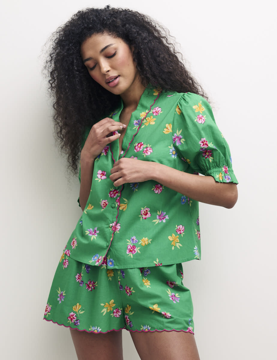 Green Floral Scallop Shorts Pyjama Set