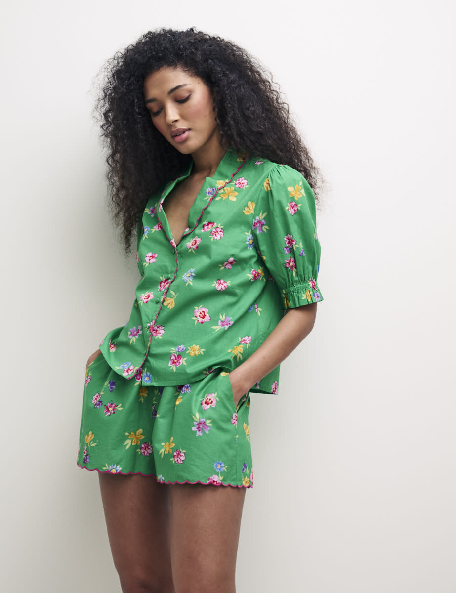 Green Floral Scallop Shorts Pyjama Set
