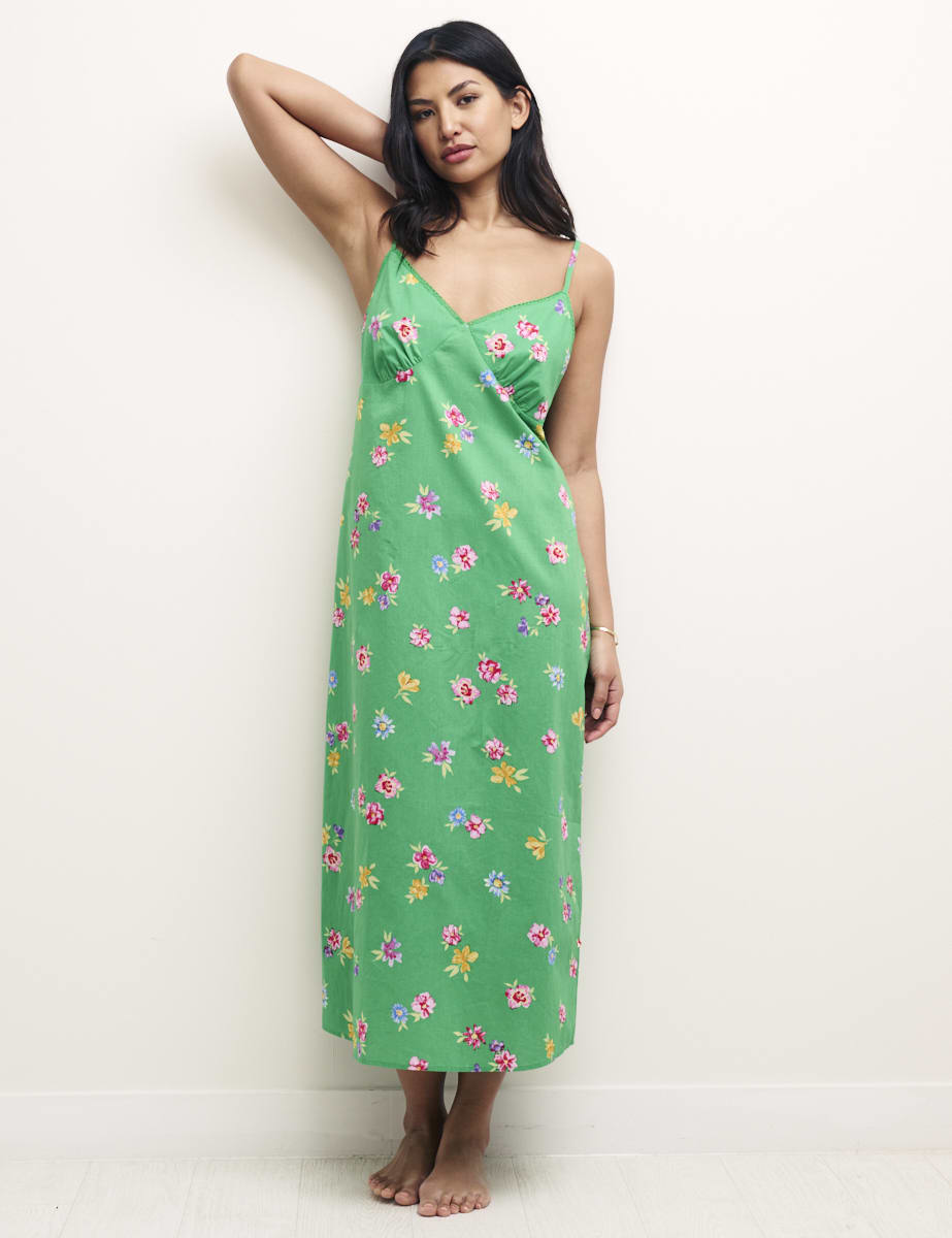 Green Floral Gathered Bust Midi Cami Nightdress