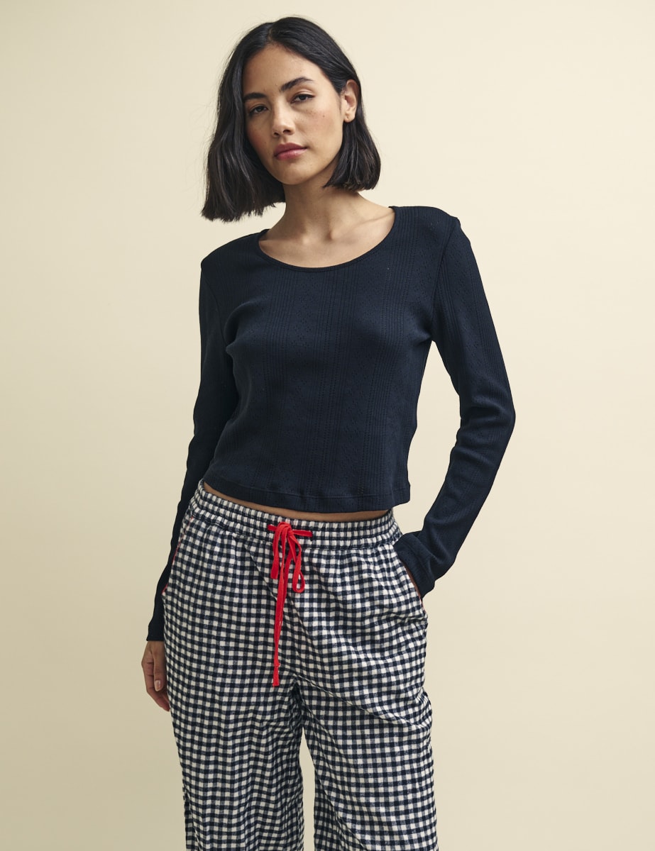 Black Long Sleeve Pointelle Pyjama Top