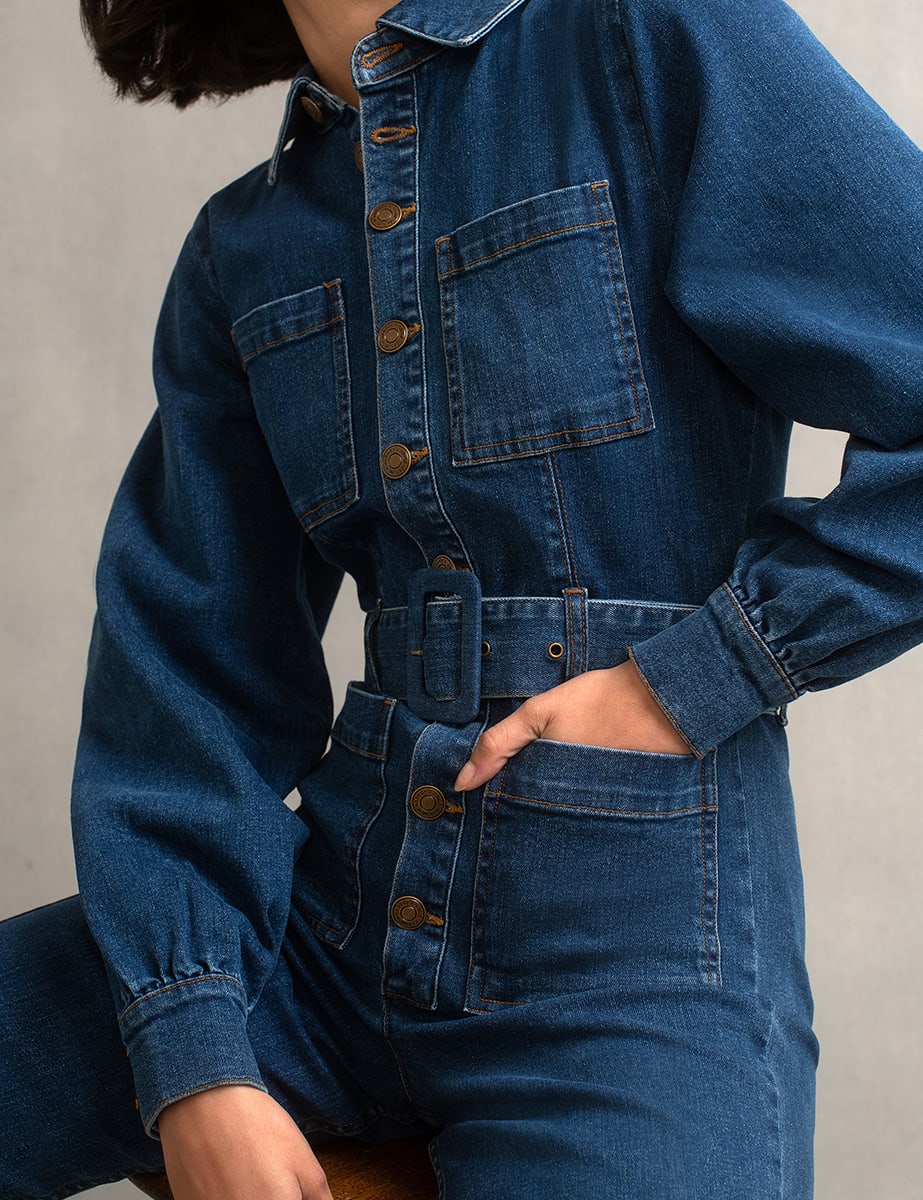 Blue Denim Balloon Sleeve Belted Olympia Jumpsuit