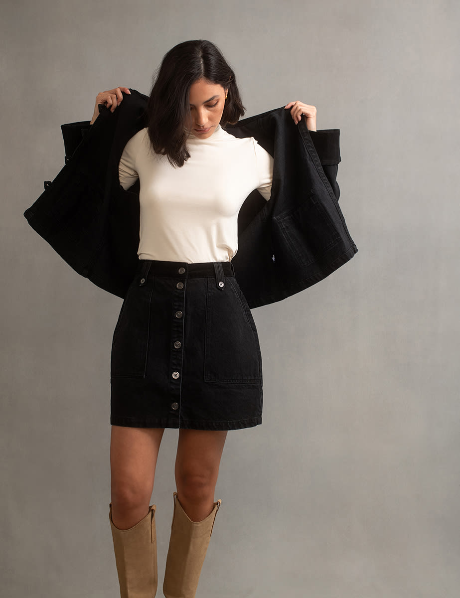 Black Denim Cord Trimmed Swing Jacket