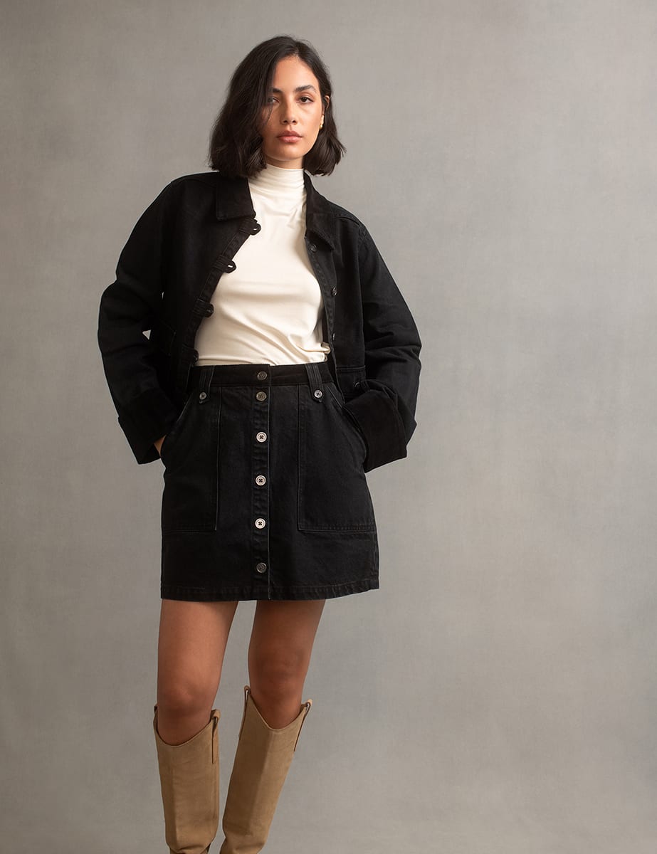 Black Denim Cord Trimmed Swing Jacket