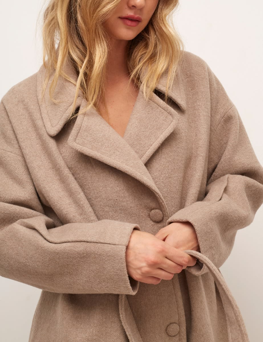 Oatmeal Hadrian Belted Long Wool Coat