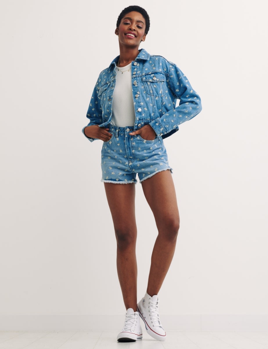 Blue Denim Embroidered Boxy Jacket