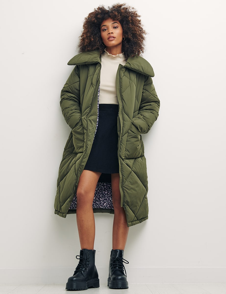 Green Miranda Long Diamond Quilted Puffer Jacket
