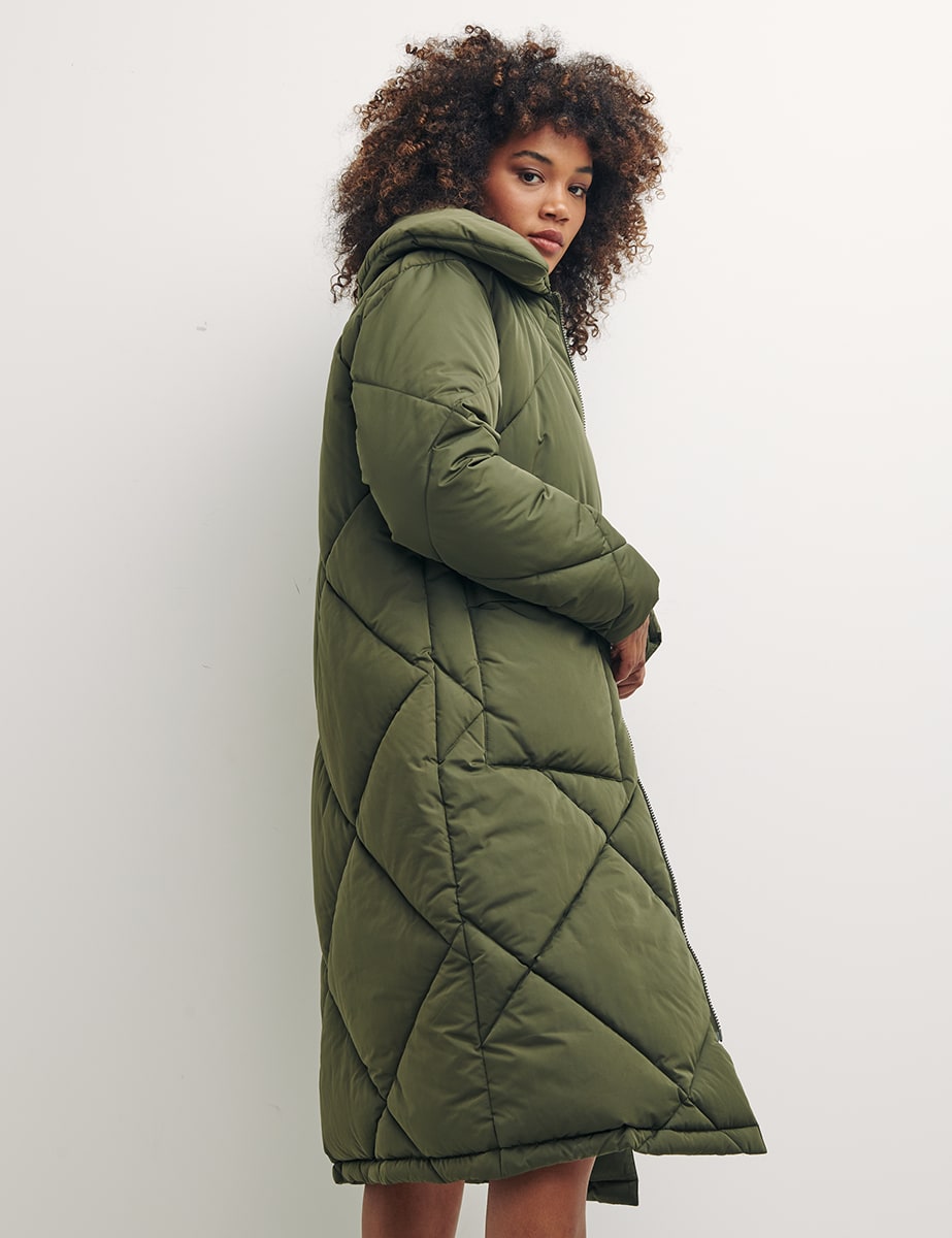 Green Miranda Long Diamond Quilted Puffer Jacket