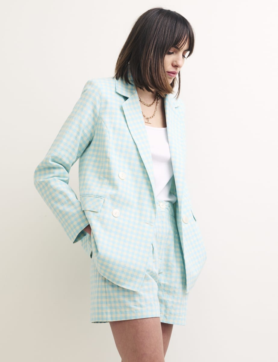Blue Gingham Check Riley Double Breasted Blazer