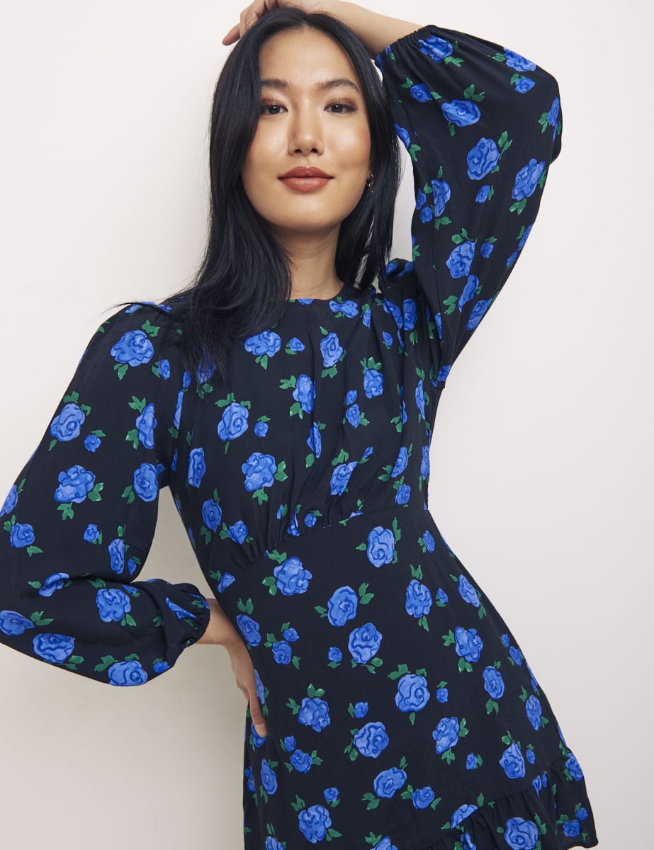 Blush Floral Blue Petite L/S Serena Mini Dress