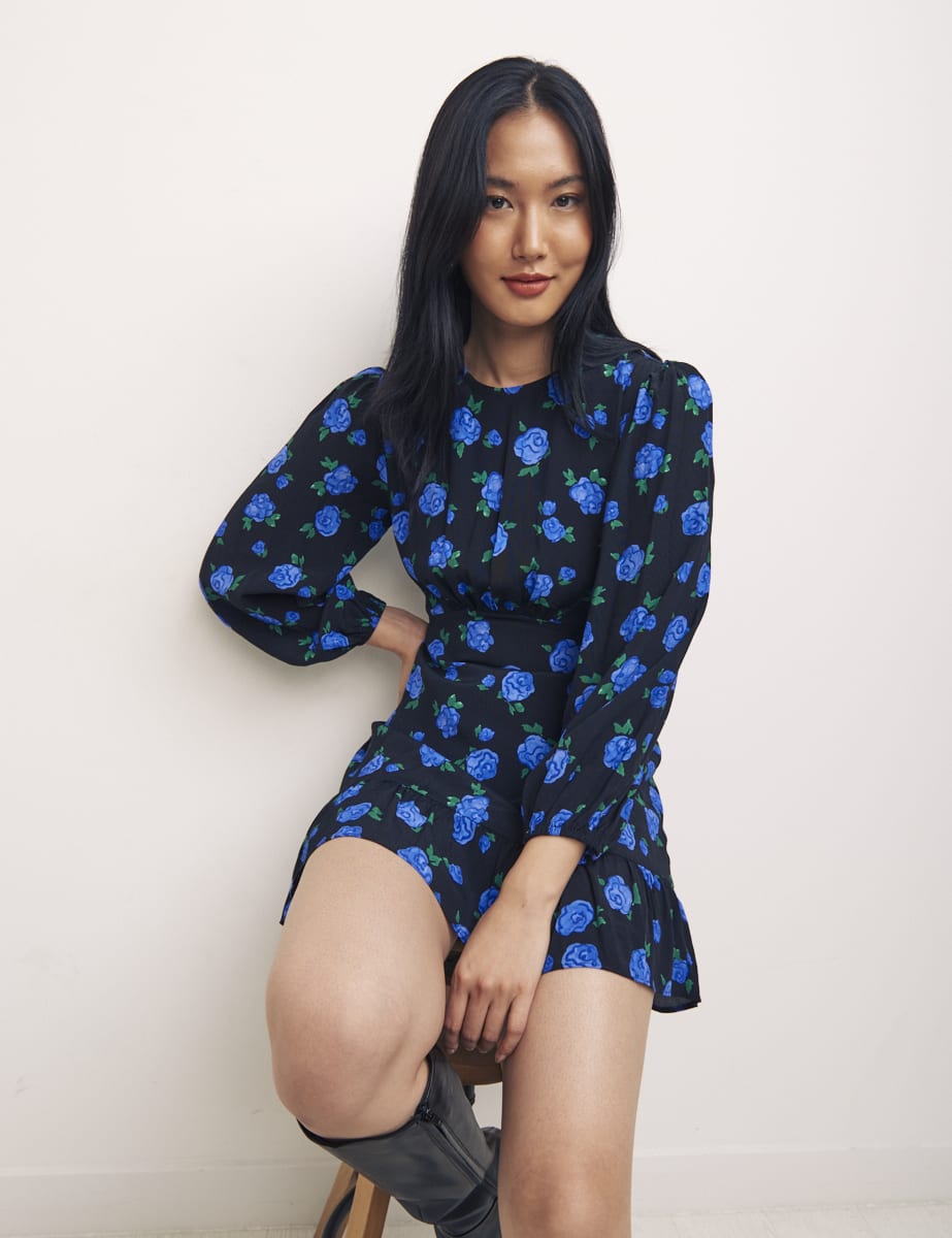 Blush Floral Blue Petite L/S Serena Mini Dress