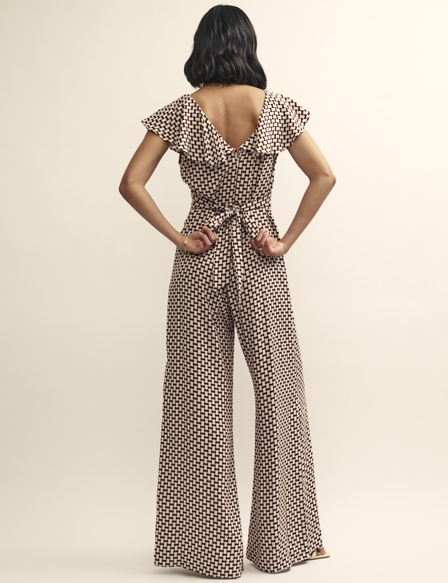 Petite Brown Geo Print Flutter Sleeve Suki Jumpsuit