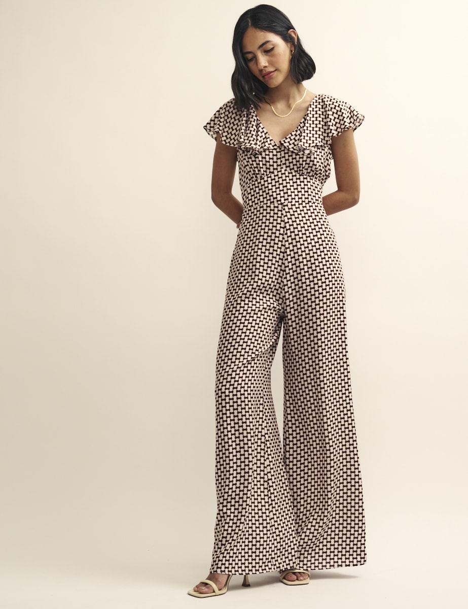 Petite Brown Geo Print Flutter Sleeve Suki Jumpsuit