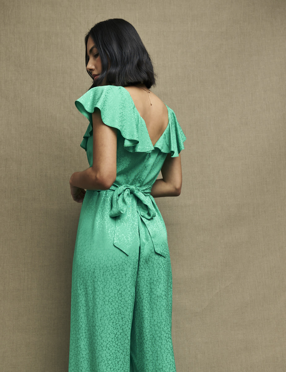 Green Satin Jacquard Flutter Sleeve Suki Jumpsuit