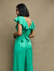 Green Satin Jacquard Flutter Sleeve Suki Jumpsuit