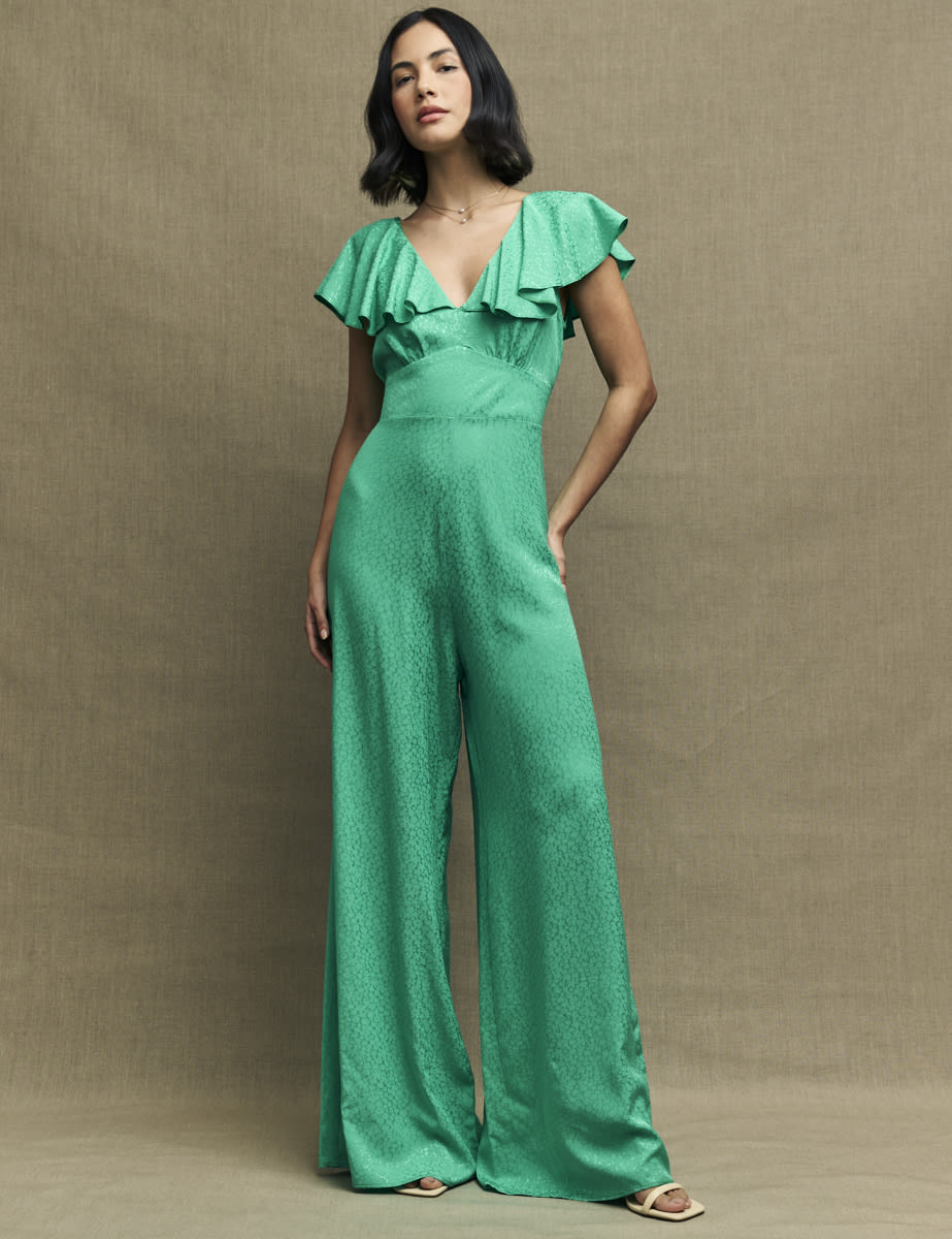 Green Satin Jacquard Flutter Sleeve Suki Jumpsuit