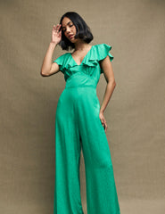 Green Satin Jacquard Flutter Sleeve Suki Jumpsuit