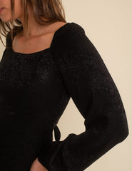 Black Satin Jacquard Balloon Sleeve Jumpsuit