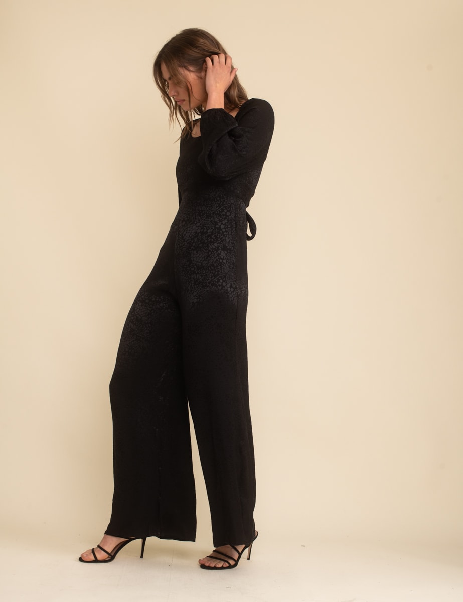 Black Satin Jacquard Balloon Sleeve Jumpsuit