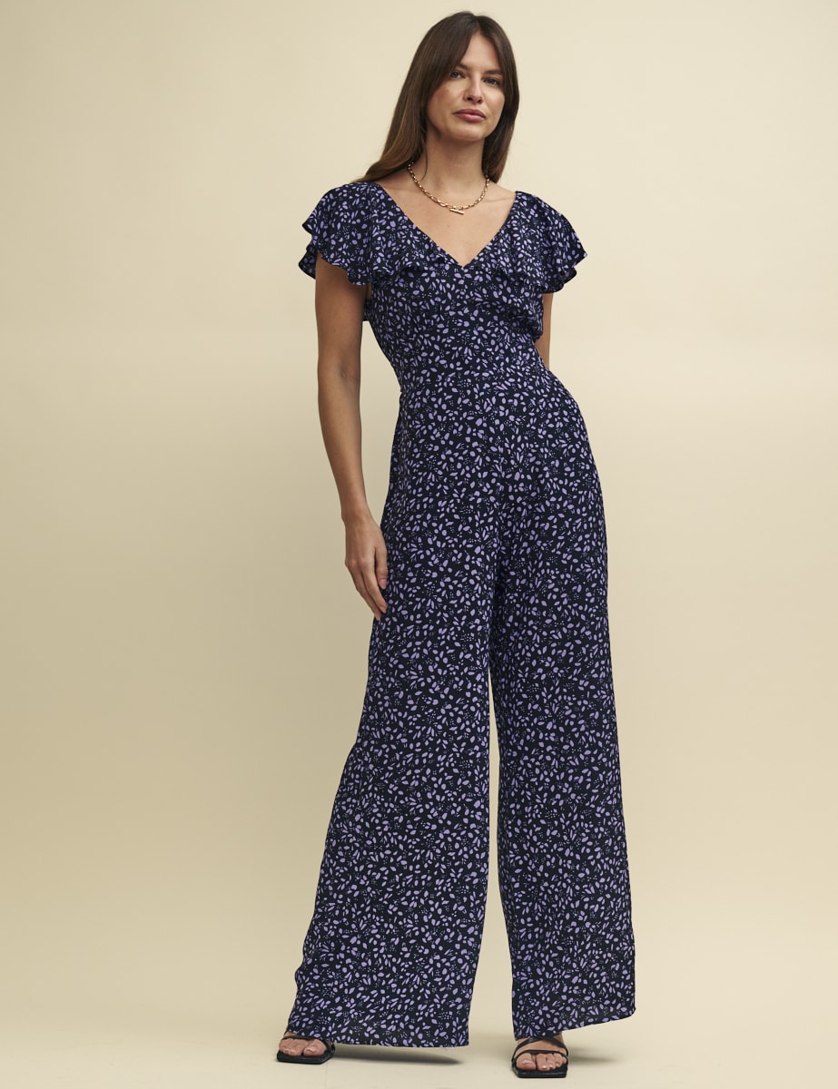 Purple Ditsy Floral Flutter Sleeve Suki Jumpsuit