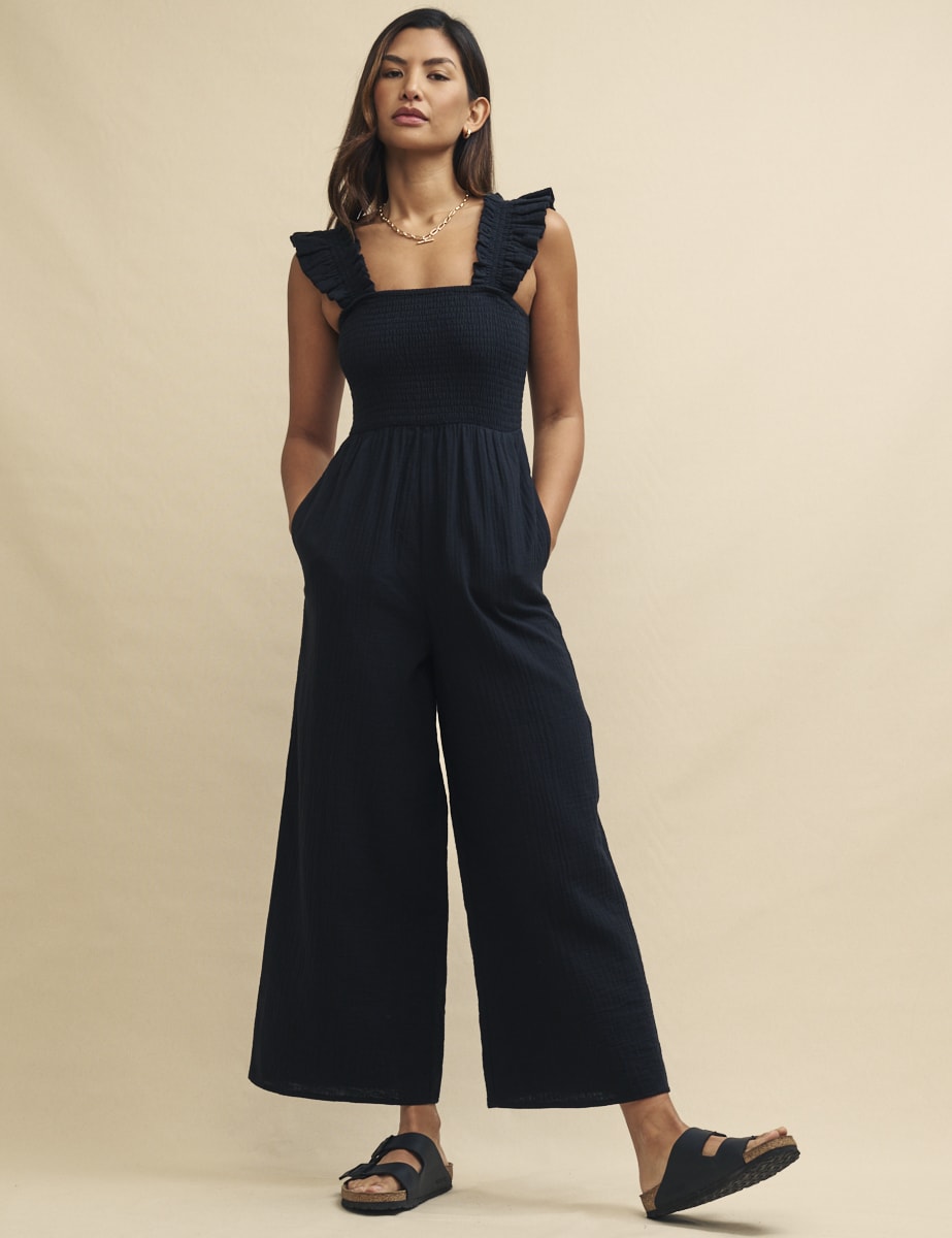 Black Frill Sleeve Shirred Maya Jumpsuit