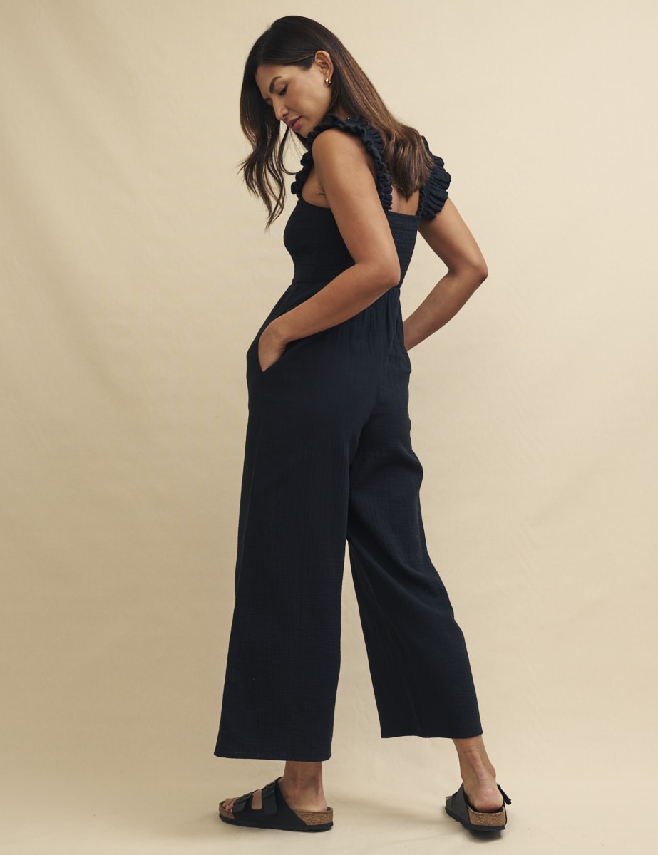 Black Frill Sleeve Shirred Maya Jumpsuit