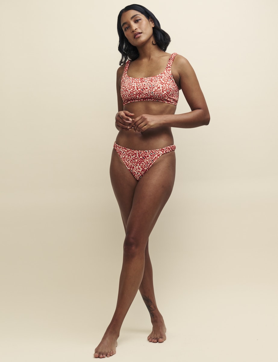 Red Floral Shirred Side Bikini Bottoms