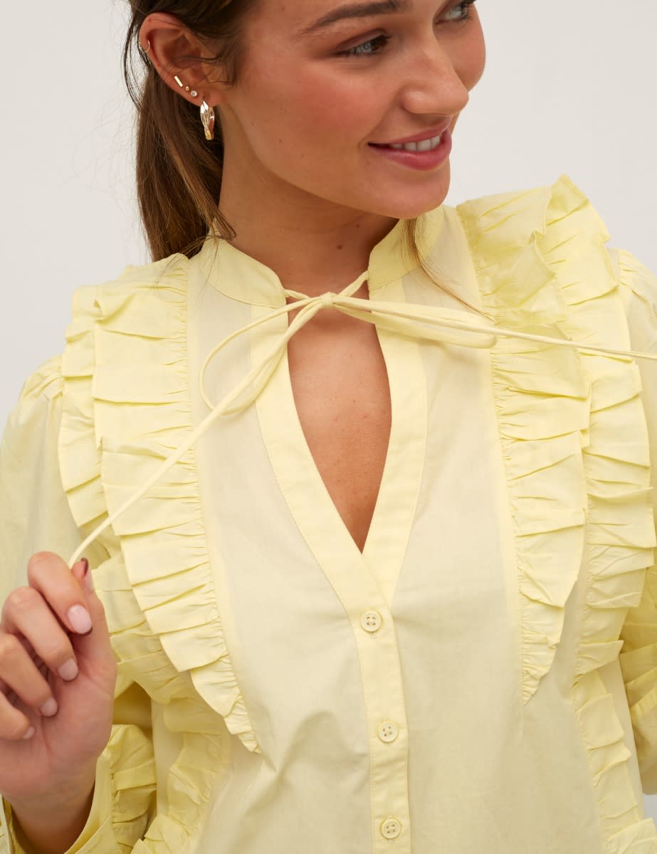 Yellow Ruffle Tie Neck Blouse