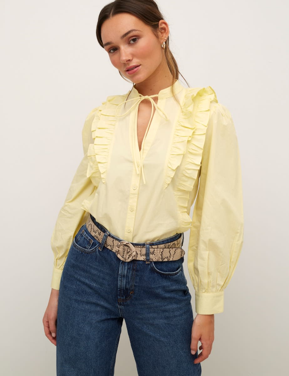 Yellow Ruffle Tie Neck Blouse