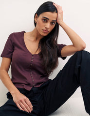 Brown Short Sleeve Button Through Top