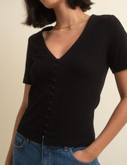 Black Short Sleeve Button Through Top