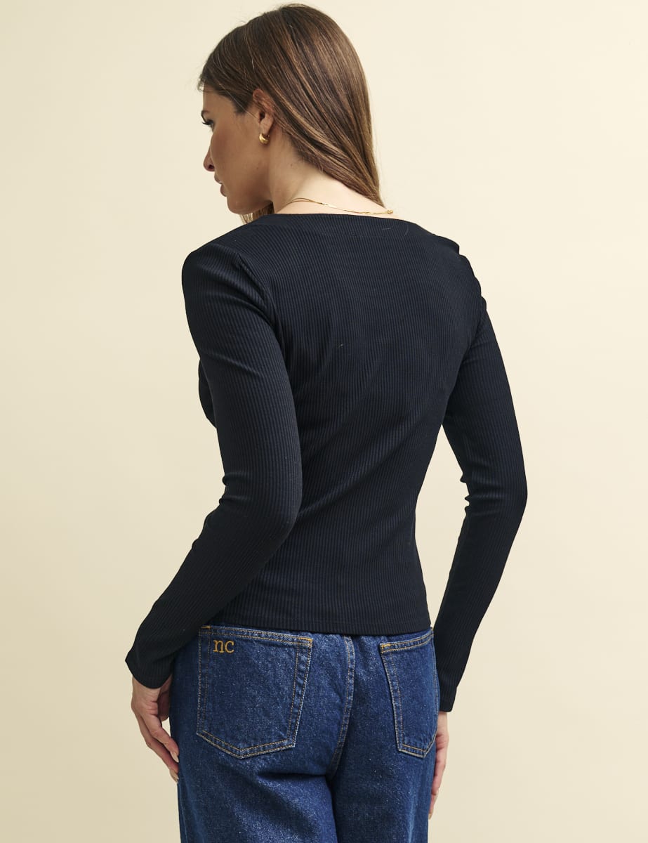 Black Long Sleeve Square Neck Top