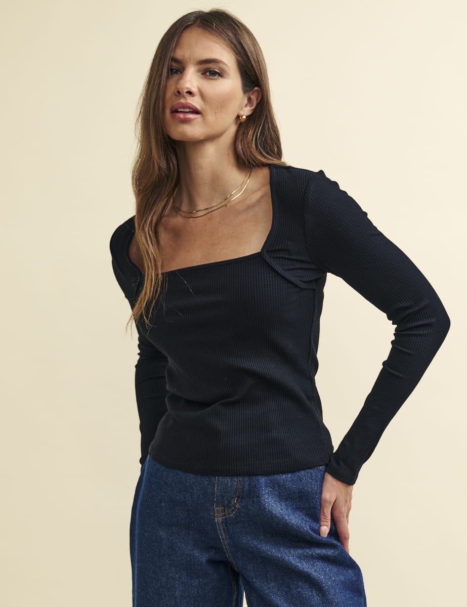 Black Long Sleeve Square Neck Top