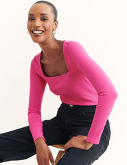 Pink Long Sleeve Square Neck Top