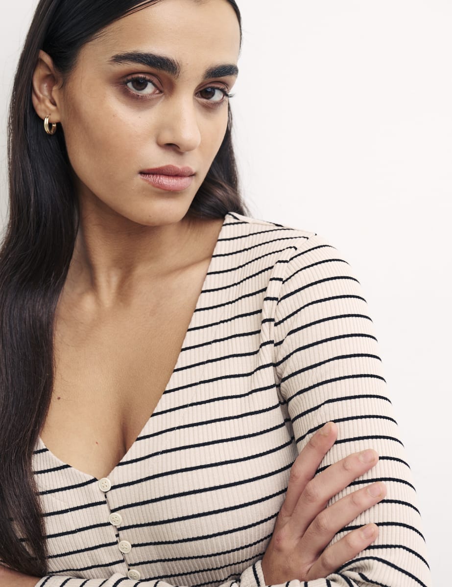 Cream Stripe Long Sleeve Button Through Top