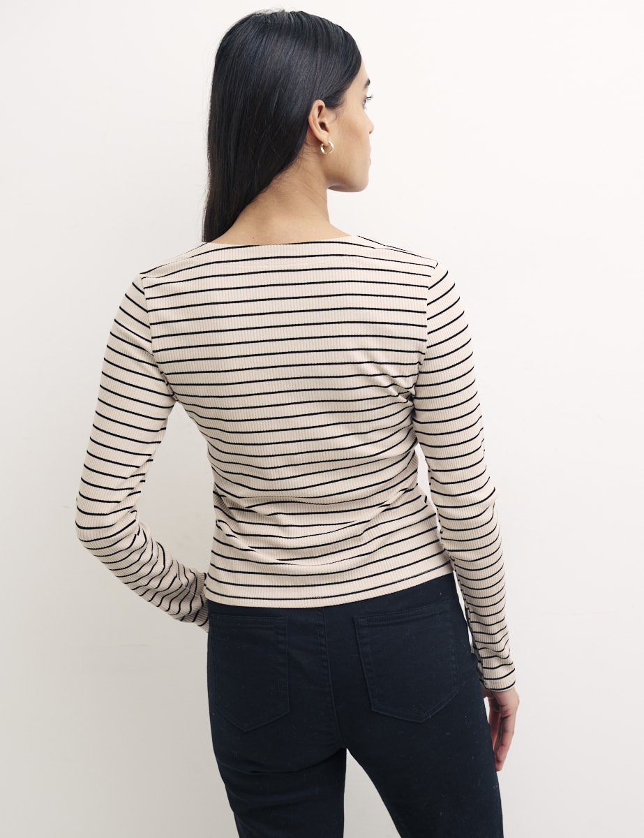Cream Stripe Long Sleeve Button Through Top