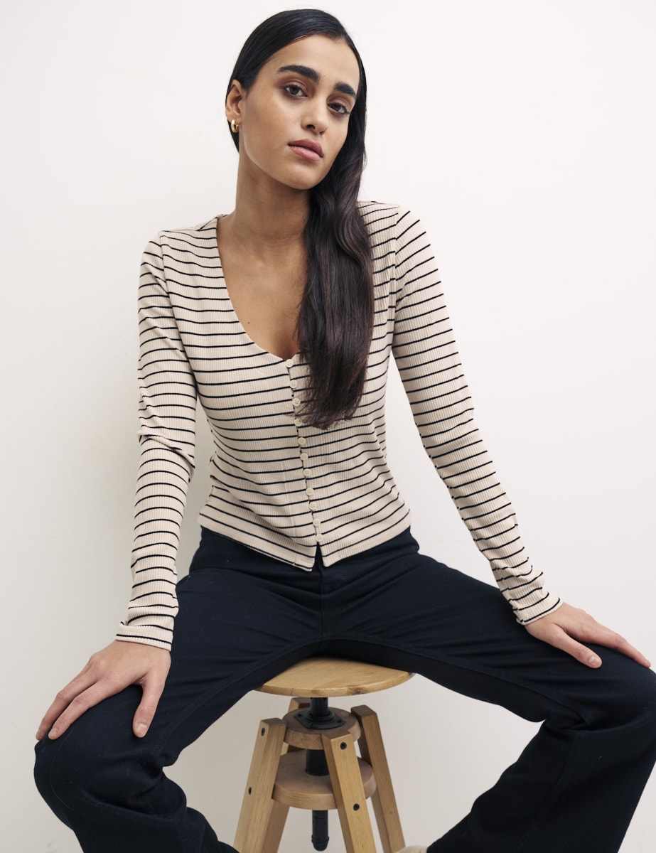 Cream Stripe Long Sleeve Button Through Top