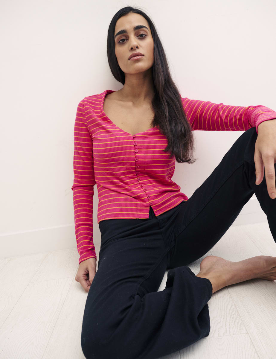 Pink Stripe Long Sleeve Button Through Top