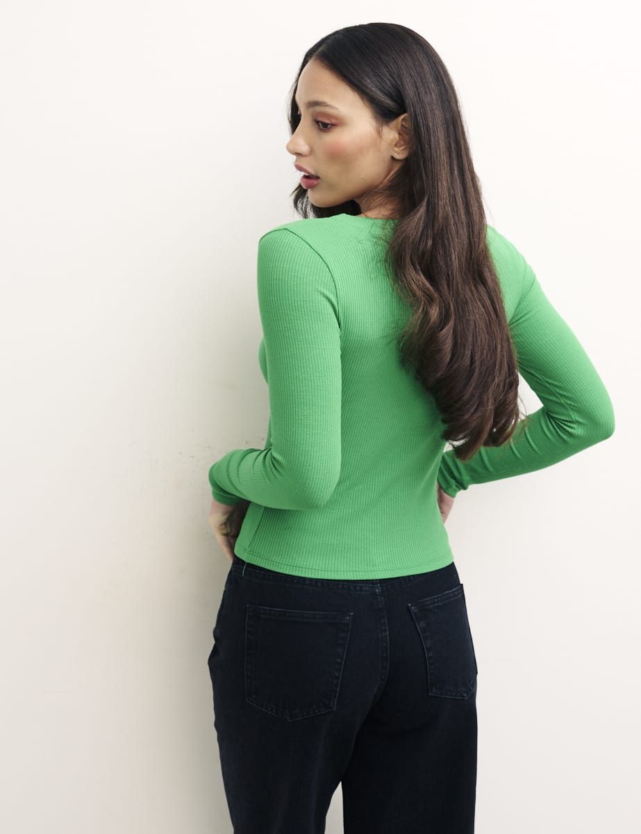 Green Long Sleeve Square Neck Top