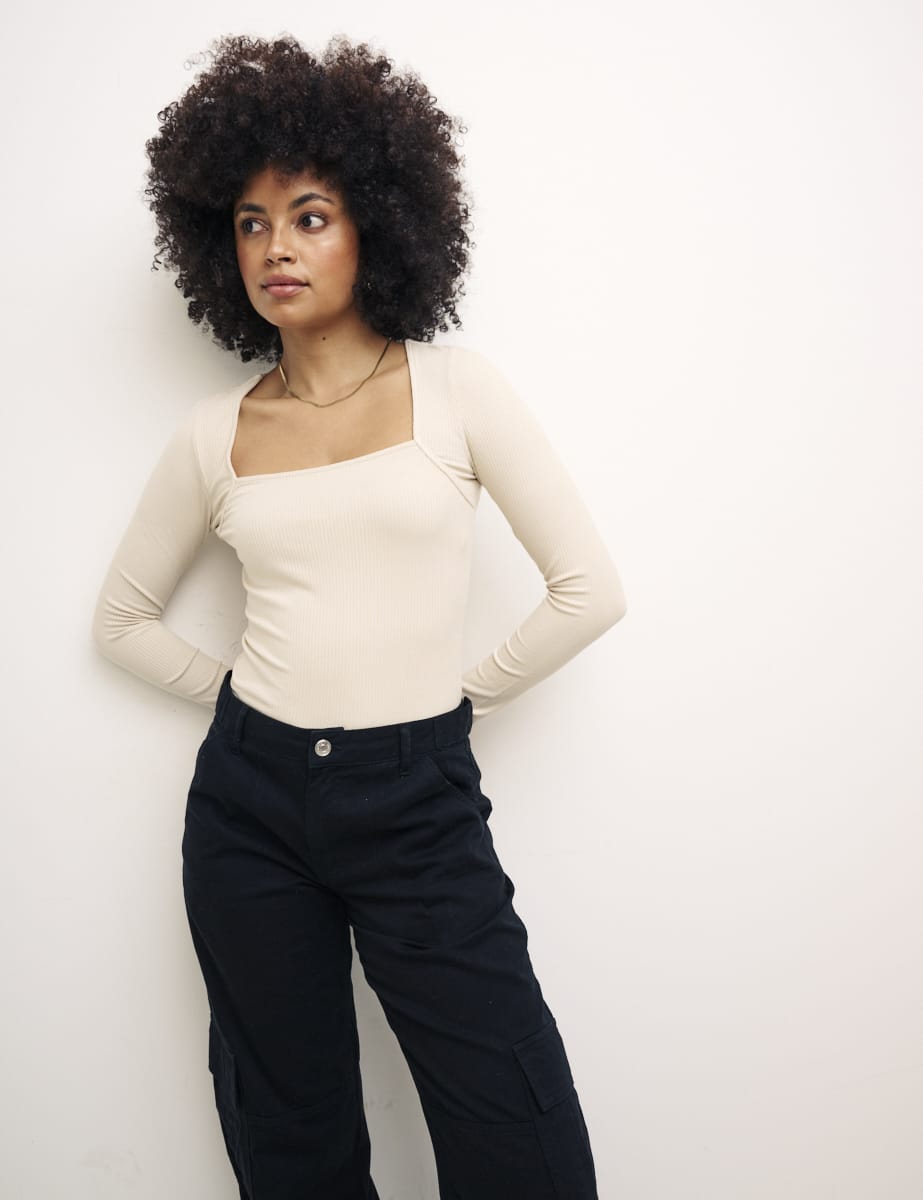 Cream Long Sleeve Square Neck Top