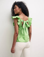 Green Mock-Crochet Trim Frill Sleeve Top