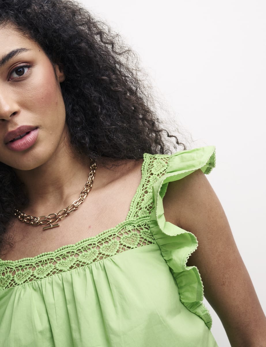 Green Mock-Crochet Trim Frill Sleeve Top