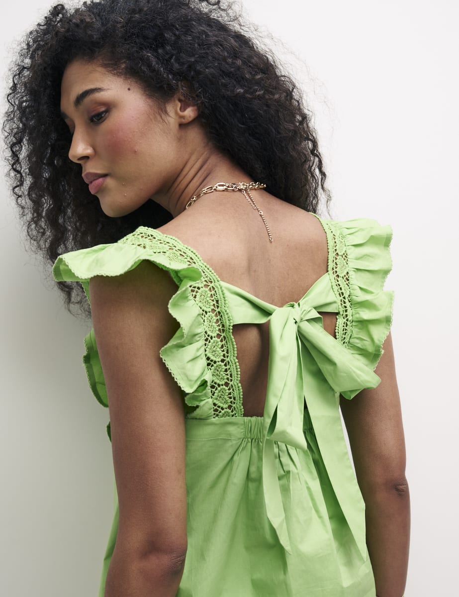 Green Mock-Crochet Trim Frill Sleeve Top