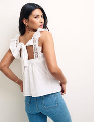 White Mock-Crochet Trim Frill Sleeve Top