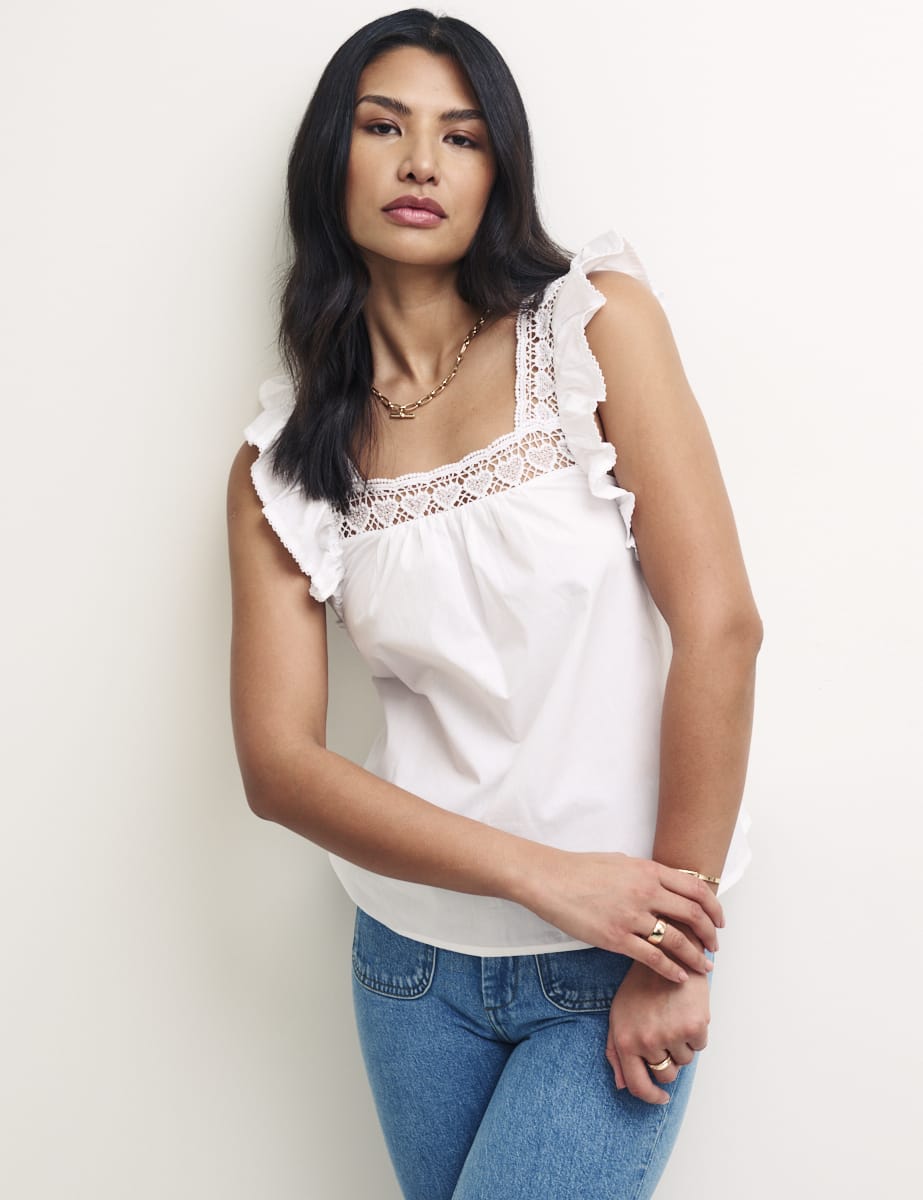 White Mock-Crochet Trim Frill Sleeve Top