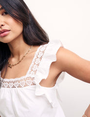 White Mock-Crochet Trim Frill Sleeve Top