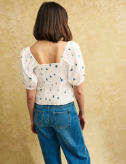 White Blueberry Embroidered Puff Sleeve Top