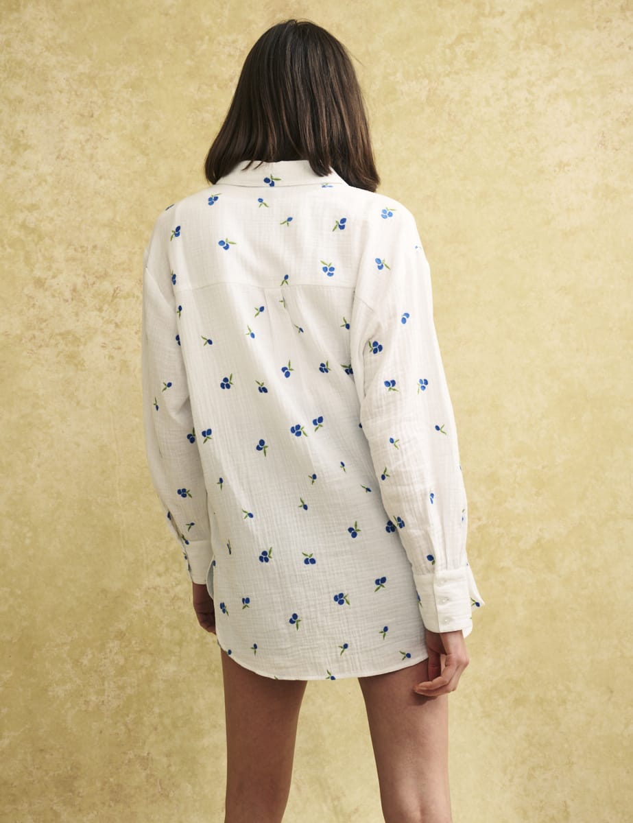 White Blueberry Embroidered Cotton Shirt