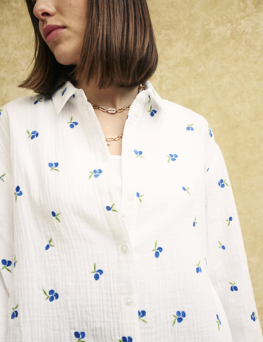 White Blueberry Embroidered Cotton Shirt