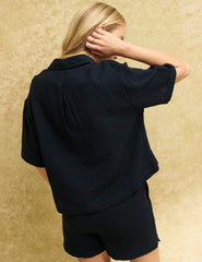 Black Button Up Cotton Short Sleeve Shirt