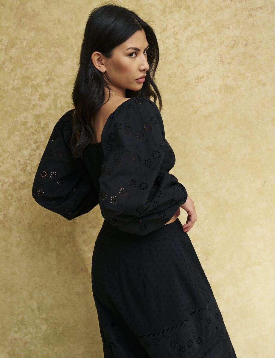 Black Cropped Broderie Balloon Sleeve Top